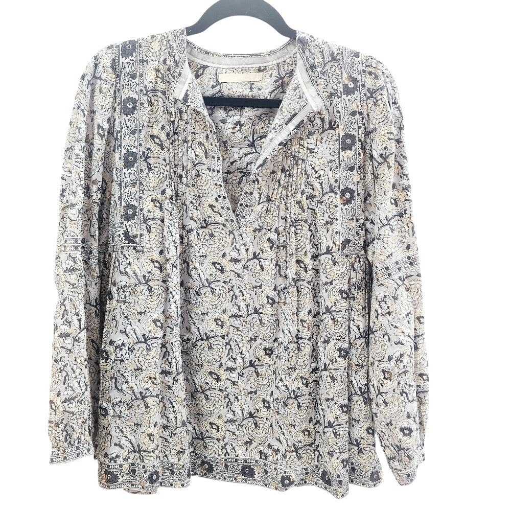 Lola Australia Floral Pintuck Cotton Blouse Grey Cream Gold Metallic Small